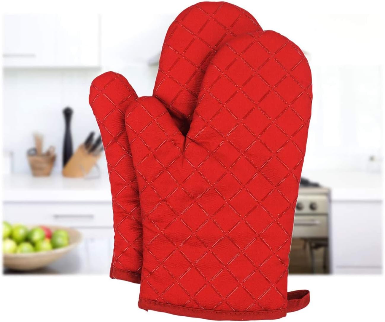 Heat Resistant Kitchen Mitts, Dualeco Non-Slip Cotton Quilted Oven Gloves with Silicone, Mitts for Cooking, Grilling, Baking, Barbecue Potholder 1 Pair, Red