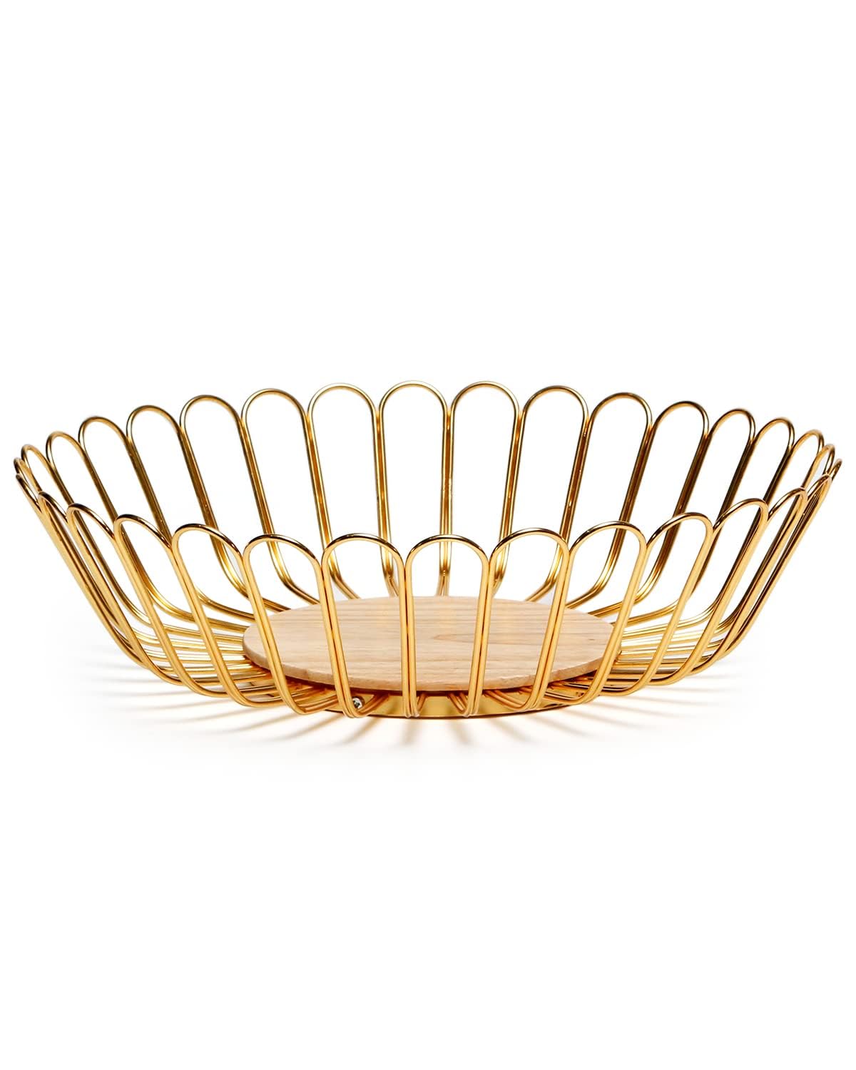 Azonee Gold Fruit Bowl, 26x9cm Large Fruit Basket with Wooden Base, Metal, Modern Dessert Display Stand Dish Holder, Snacks Fruit Basket Bowl for Farmhouse Kitchen Breads Snacks Home Ornaments,