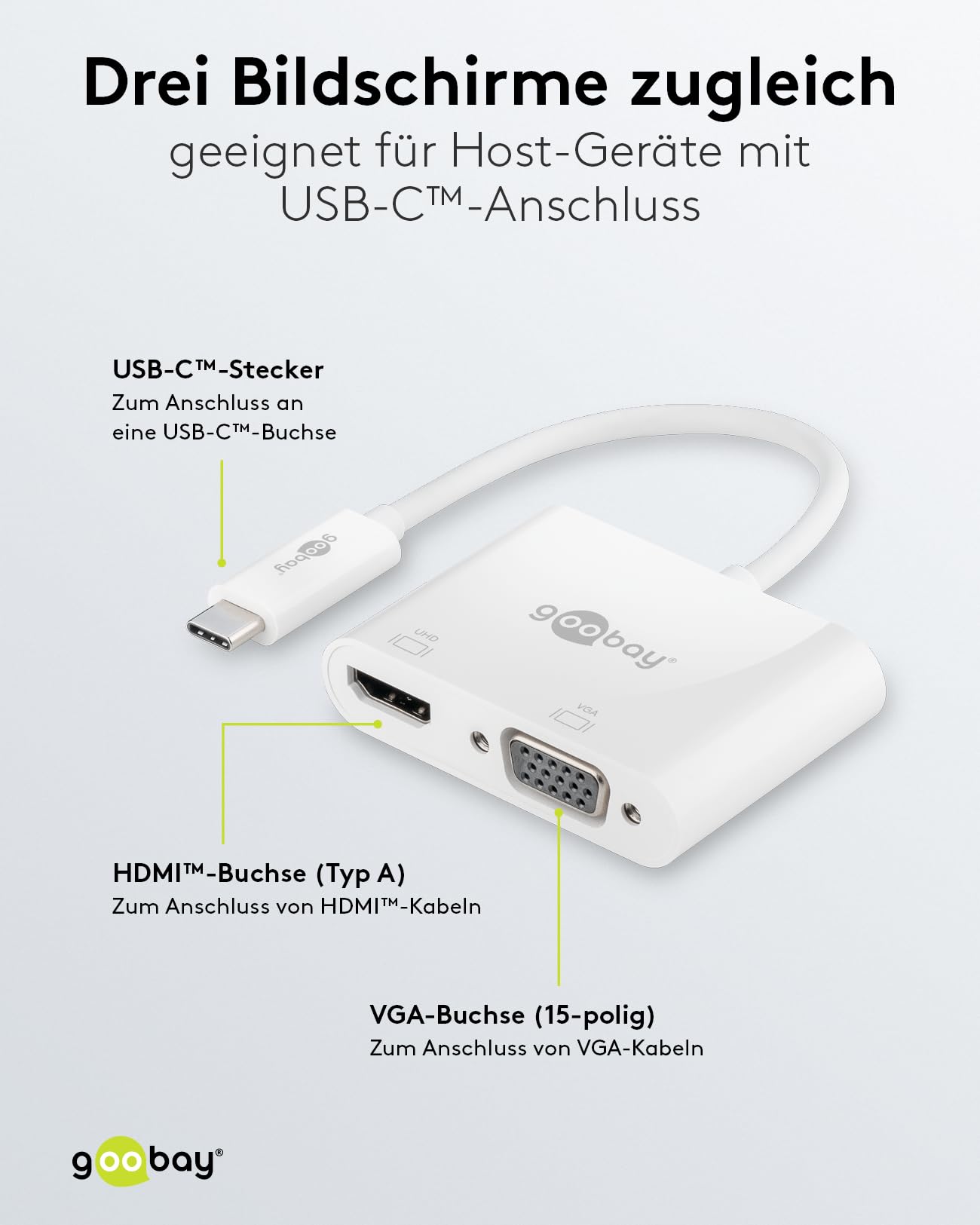 goobay 52430 Multiport Adapter USB-C auf HDMI + VGA - Auflösung bis 4k*2k@60Hz (HDMI) / 1920x1080p@60Hz (VGA) - Spiegelt auf bis zu 3 Bildschirme