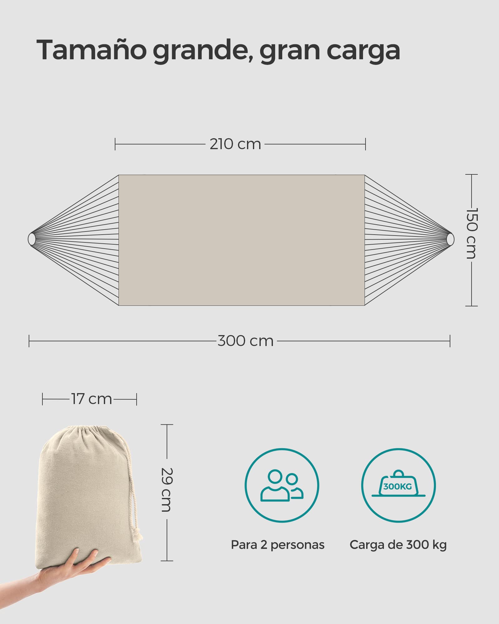 SONGMICS Hamaca, 210 x 150 cm, Hamaca Doble, Carga de 300 kg, para Jardín, Terraza, Balcón, al Aire Libre, Camping, Bolsa de Transporte, Correas de Fijación y Mosquetones, Beige GDC15M