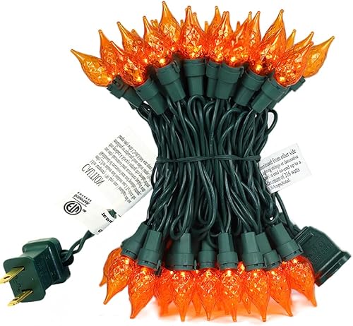 Guirnalda de luces naranjas de Halloween, 70 luces LED de cristal C5 con certificación UL, luces de Navidad para uso en interiores y exteriores,