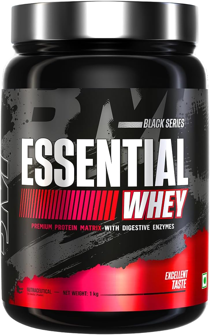 Bigmuscles Nutrition Essential Whey (1kg, Strawberry Milkshake) | Whey Protein Concentrate with Digestive Enzymes | No Added Sugar | Faster Muscle Recovery & Improved Strength | Daily Protein