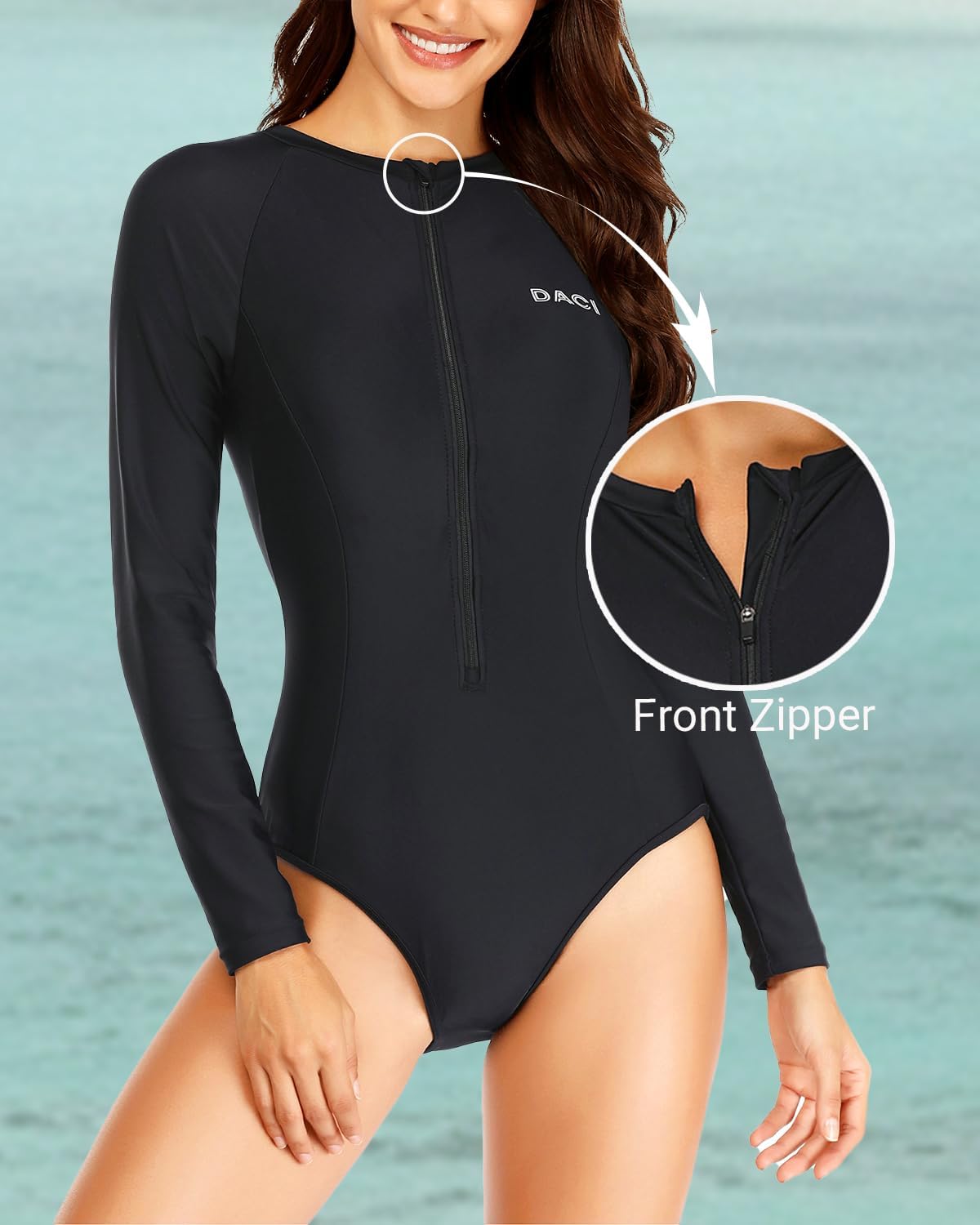 Daci Women Long Sleeve Rash Guard One Piece Zipper Swimsuit Surfing Bathing Suit UPF 50 - Image 3