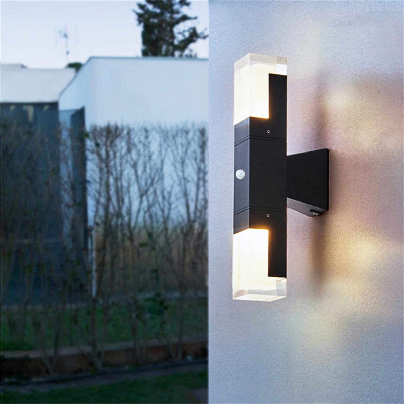 LED Wandleuchte Außen/Innen mit Bewegungsmelder IP65 Außenlampe Sensor Induktion Außenbeleuchtung Wand Alu Außenwandleuchte 24W Schwarz Rechteck Wandlampe Veranda Garage Balkon Flur (Kaltweiss 6000K)