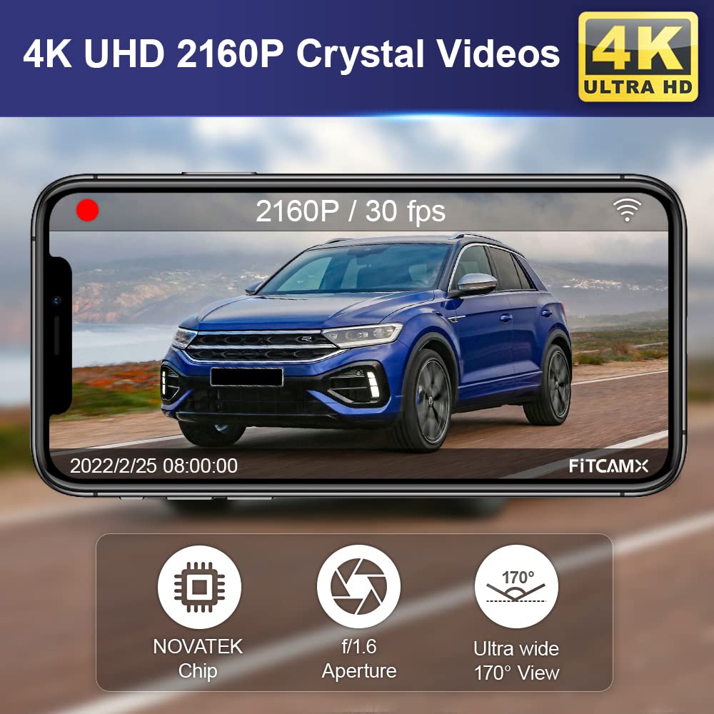 Fitcamx Dash Cam compatibile con VW T-Roc 2017-2025, UHD Dashcam 4K 2160P Video WiFi, Accessori Volkswagen OEM, Modalità parcheggio, Registrazione loop, Sensore G, Visione notturna, Plug Play, 64 GB
