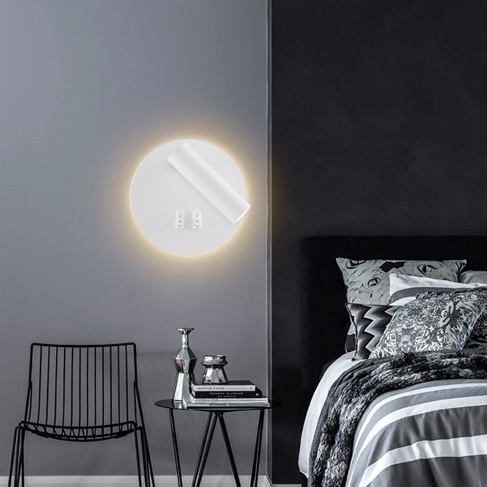 Lampa ścienna uksunvi LED, lampa ścienna do czytania nocnego, 12W lampy do czytania ścienne LED, regulowane reflektory (3W +9W 3000K ciepłe światło) czarne (Okrągły biały)