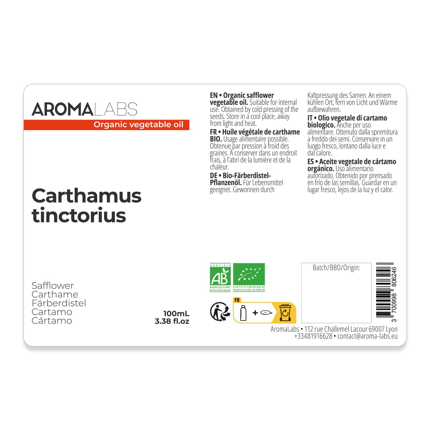 ORGANIC - SAFFLOWER Oil - 100mL - 100% Pure, Natural, Cold Pressed and AB Certified - AROMA LABS (French Brand) - Image 2