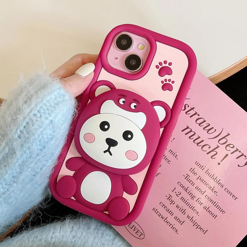 Image of COVERLY 3D Strawberry Bear Mirror Cartoon Stand Case,Premium Silicone Full Protective Case Cute Teddy Love Phone Holder Makeup Mirror Cute Kawaii Aesthetic Cover for Apple iPhone 14 Plus