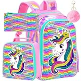 WZLVO 3PCS Unicorn Backpack, 16' Sparkly Sequins Girls Bookbag/School Bag with Lunch Box & Pencil Bag for Preschool to Elementary - Unicorn Pink