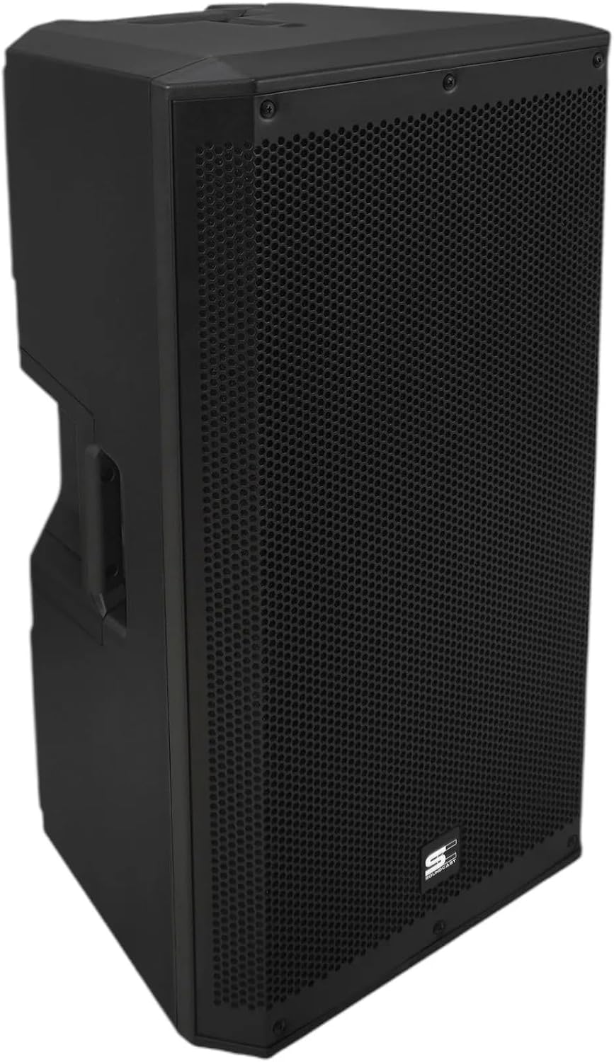 Front and side view of the Soundcast XD15 DSP active speaker, showing the protective grille and robust cabinet.