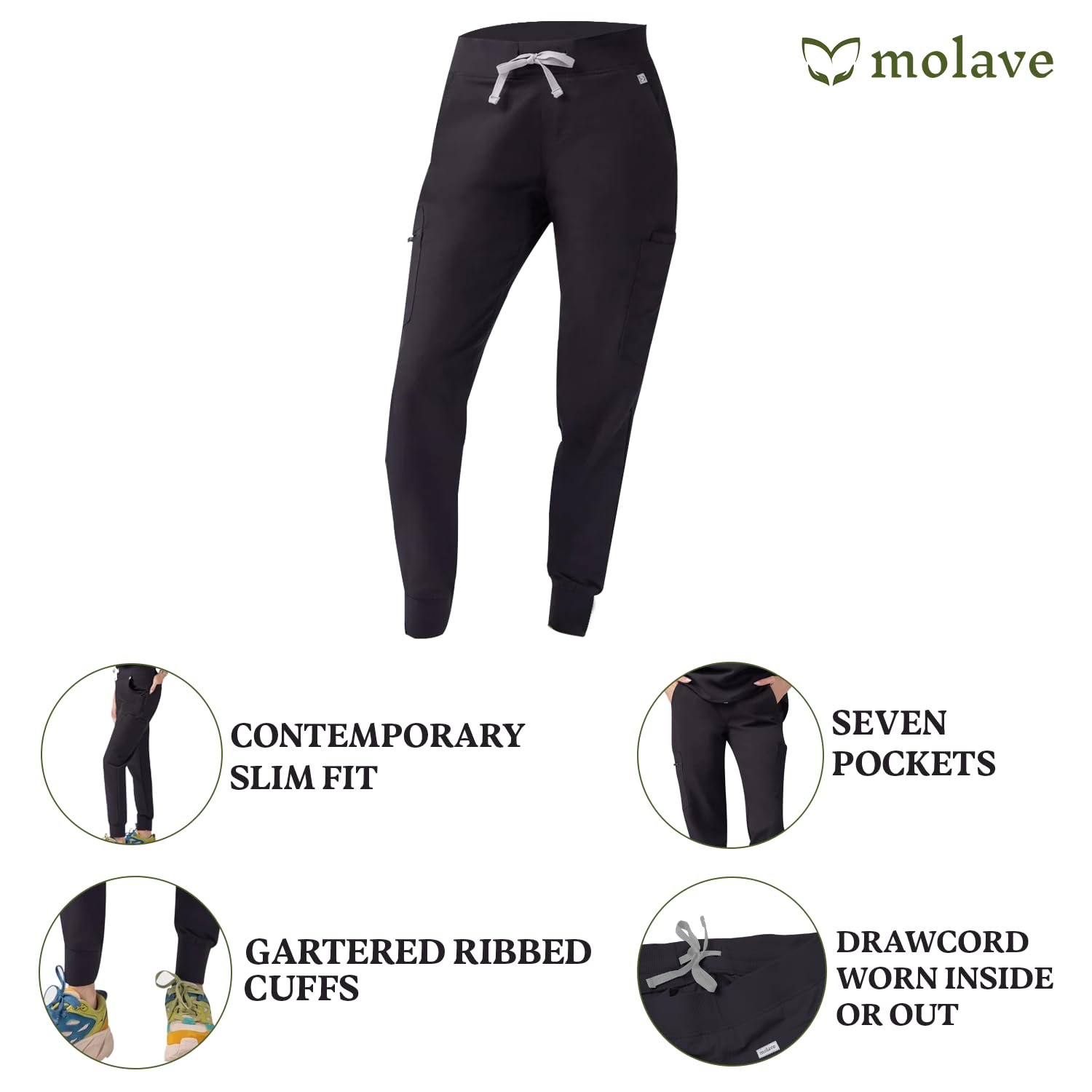Lily Women's Jogger Scrub Pants - Secure, Flexible Fit Healthcare Scrub Pants with Gartered, Ribbed Cuffs - 7 Pocket Elastic Waistband - Moisture Wicking, Easy Care for Women - Black, Small