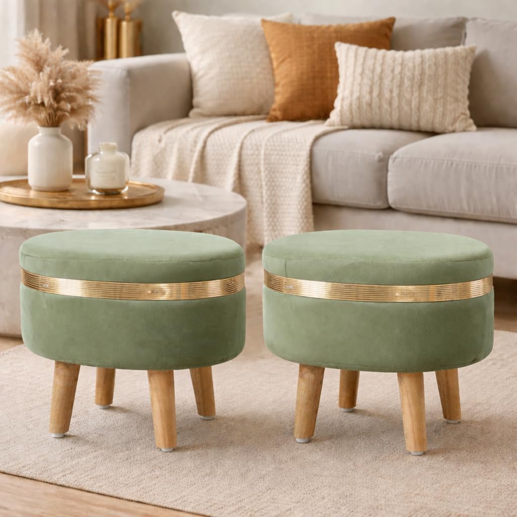 Premium Velvet Ottoman Footstool with Golden Accent Ring | Solid Wood Legs | Anti-Slip Feet | Multipurpose Footrest, Seating & Décor, 16x12x12 Inch, Pack of 2 (Light Green)-image-30