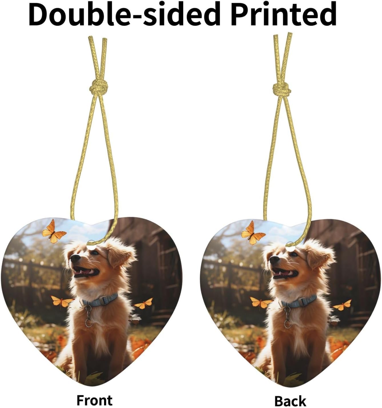 Ceramic Christmas Ornaments Heart Shaped Xmas Hanging Ornament Double-Sided Dog in Yard Print Christmas Tree Pendants for Fireplace Party Holiday Wedding Xmas Decoration
