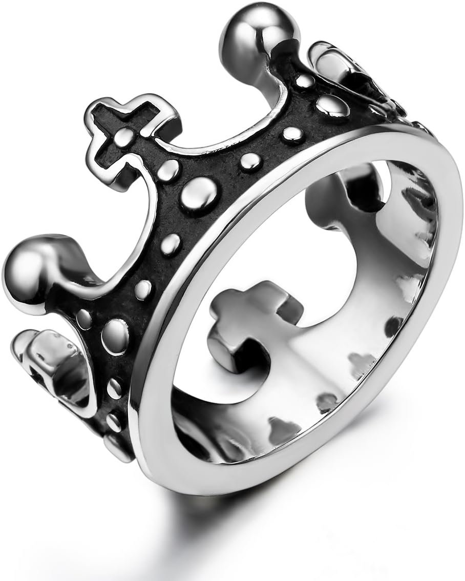 Vintage Stainless Steel Mens Womens Handmade Crown Band Ring, Silver Black Colour (with Gift Bag)