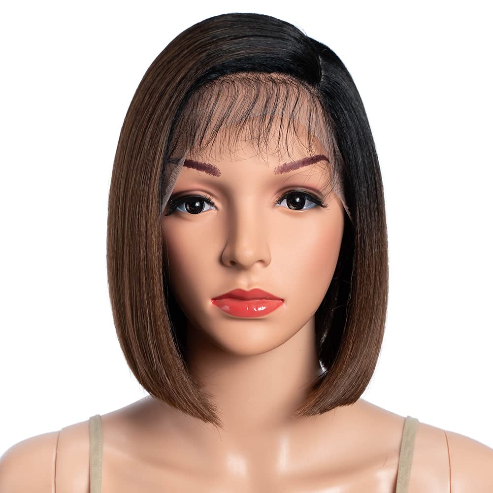 DÃ‰BUT Asymmetrical Bob Ombre Brown Wigs Ear to Ear Lace Front with Baby Hair Short Bob Simulated Scalp Lace Wigs for Women Heat Resistant Fibers Synthetic Hair Side Parting Wig TT1B/30