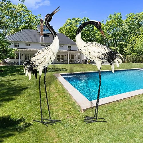 Chisheen Garden Crane Statues Outdoor Heron Red Crowned Crane Metal Yard Art Sculpture,Set Of 2 #TOP12