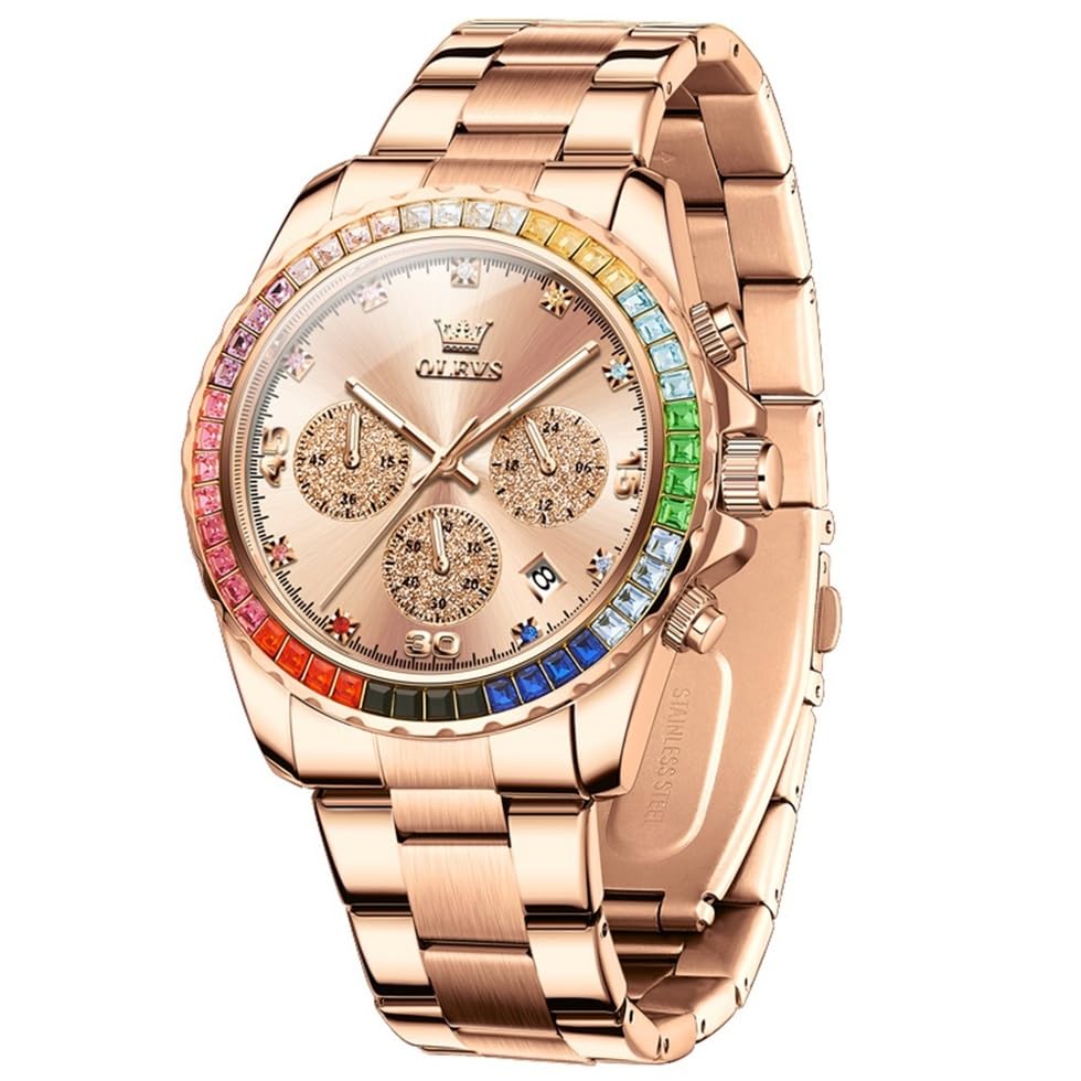 Image of OLEVS Watch for Men Luxury Gold Diamond Chronograph Business Wristwatch with Analog Quartz, Date Calendar, Stainless Steel Band, Luminous Hands, Waterproof