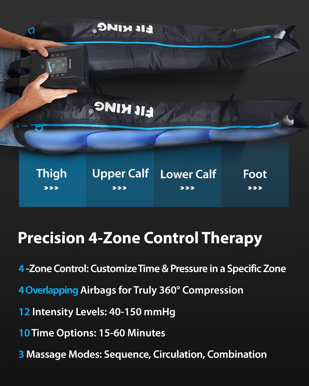 FIT KING Professional Air Compression Leg Recovery Compression System, Rechargeable Portable Recovery Boots Pneumatic Compression Device, Fast Recovery & Improved Circulation for Athletes (Large) - Image 4