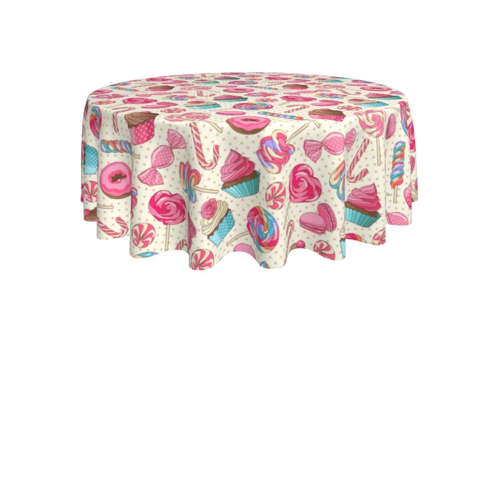 ENGhjes Colorful Sweet Lollipop Cupcake Donut Print Round Tablecloth 60in Washable Stainproof Polyester Cloth for Kitchen Idea