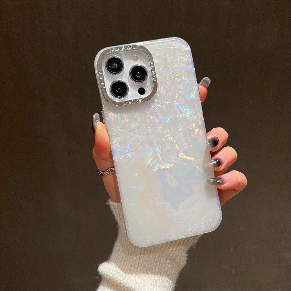 Luxury Shell Laser Case for iPhone 14 15 16 Pro Max 12 11 13 Pro Plating Aurora Cover For iPhone 15 Plus Hard Shockproof Cover,White,For iPhone 14
