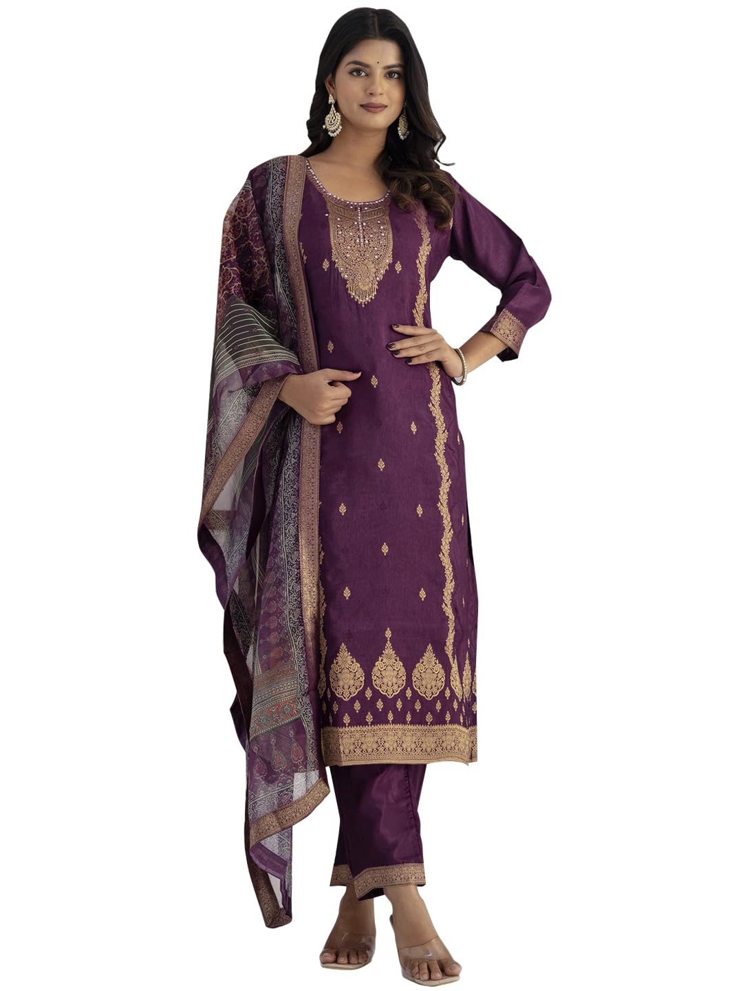 VredeVogel Women's Viscose Self Jacquard Kurta with Pant & Organza Digital Print Dupatta Set | Kurta Set for Women Occasions