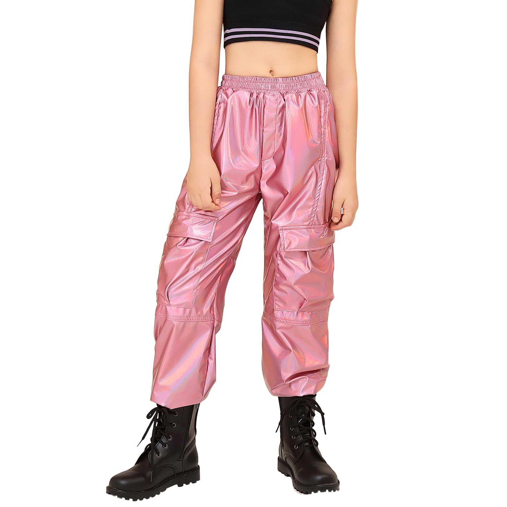 Perfashion Metallic Cargo Pants for Girls &amp; Womens Hip Hop Dance Multi-Pocket Joggers High Waist Pants 6-15Y