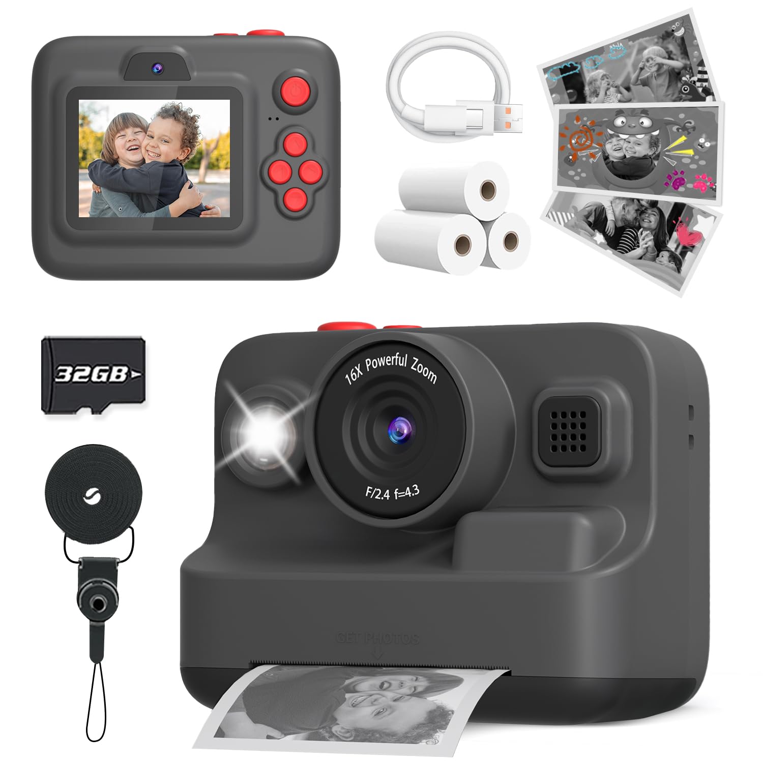 Kids Camera Instant Print, Dual-Lens Front Rear Selfie Camera for Kids, Christmas Birthday Gifts Toys for 3-12 Year Old Boys Girls, 2.4in Screen 1080P Kid Digital Cameras with 32G Card