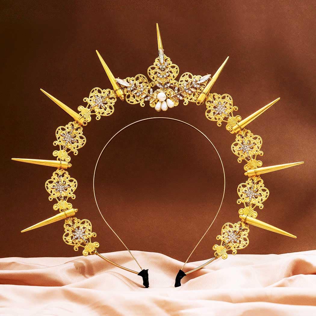 Formery Spikes Mary Halo Crown Gold Rhinestone Stars Goddess Headband Halloween Sun Halo Headpiece Accessories for Women
