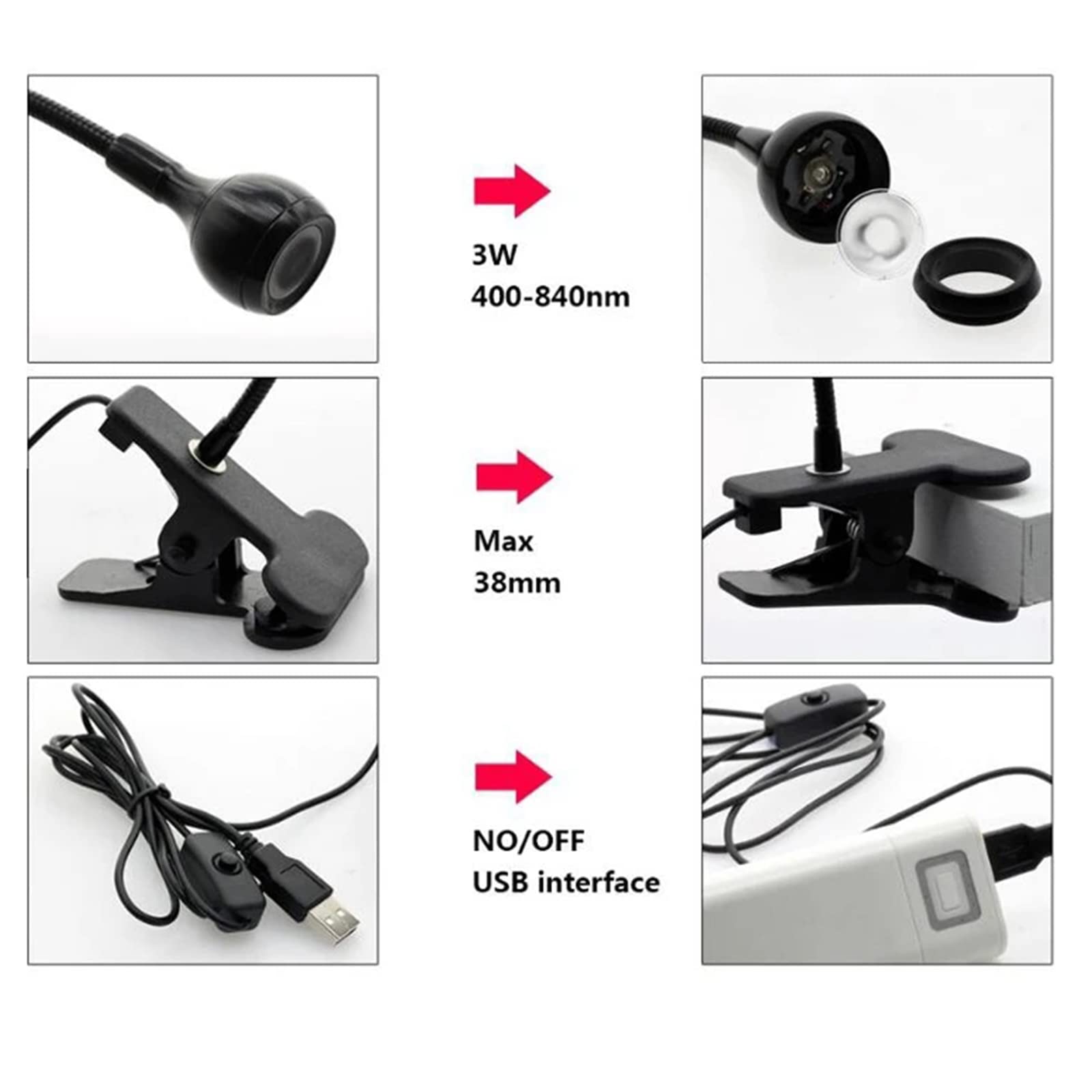 Lampada UV Unghie Gel 3W LED USB Lampada di Essiccazione UV per Gel Resina e Colla UV con Clip e Interruttore,Professionale Lampada Led Unghie Adatto per Manicure Indurimento Resina Nero