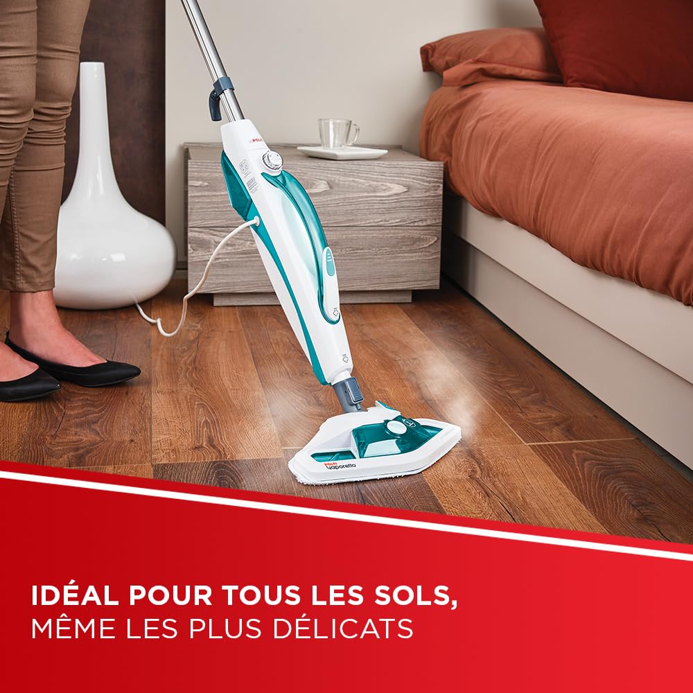 Polti Vaporetto SV450 Double, Balai Vapeur 2-en-1 avec Nettoyeur à Main, 13 Accessoires Inclus et Serpillères Supplémentaires, Réservoir Amovible de 0,3 l, Bleu Clair et Blanc