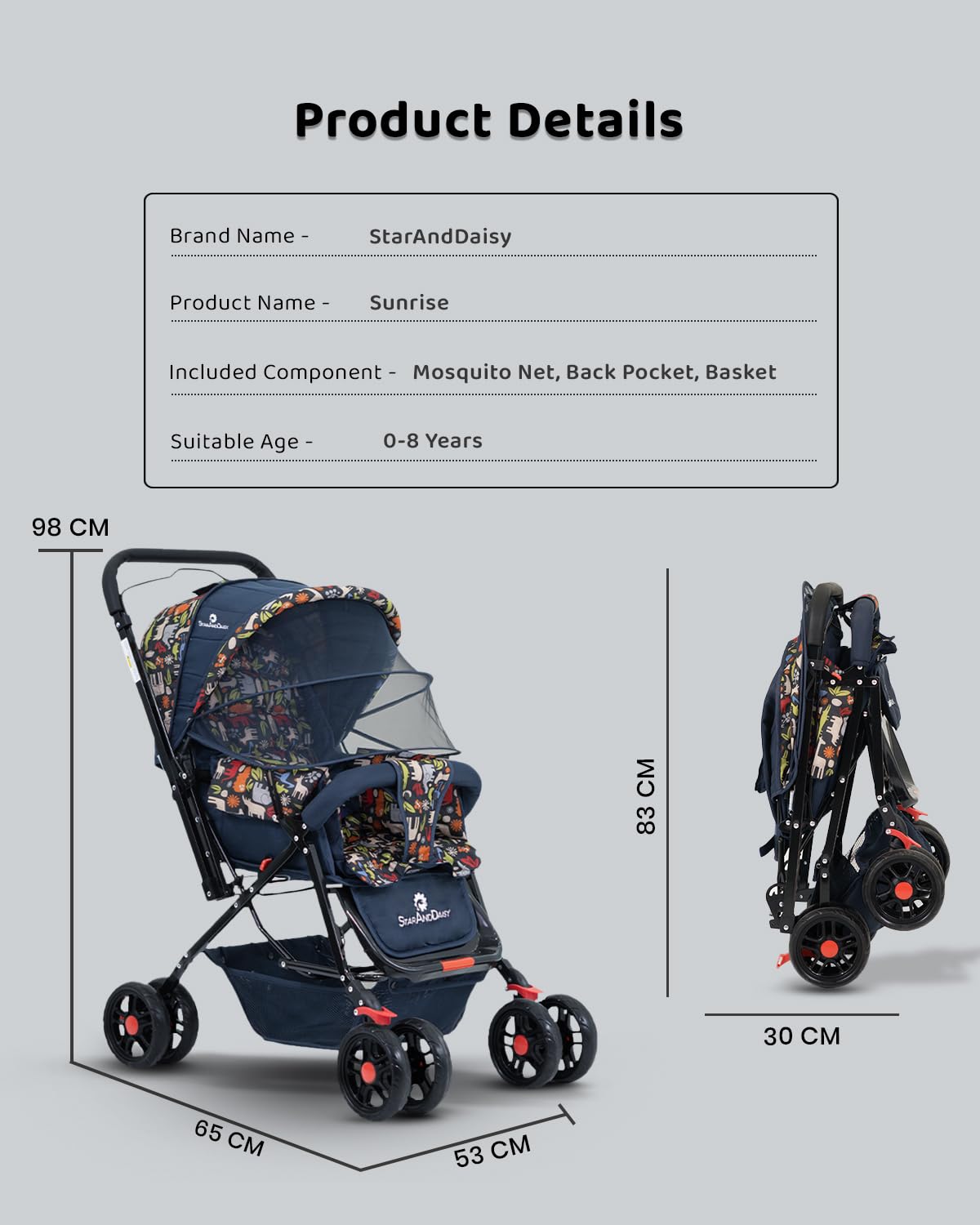 StarAndDaisy Sunrise Baby Stroller Lightweight Foldable Stroller for 0-5 Years, 3-Point Safety Harness, Adjustable Backrest, 360° Swivel Wheel, Extended Mosquito Net, Reversible Handlebar, Large Storage Basket(Delta) - Image 9 thumbnail