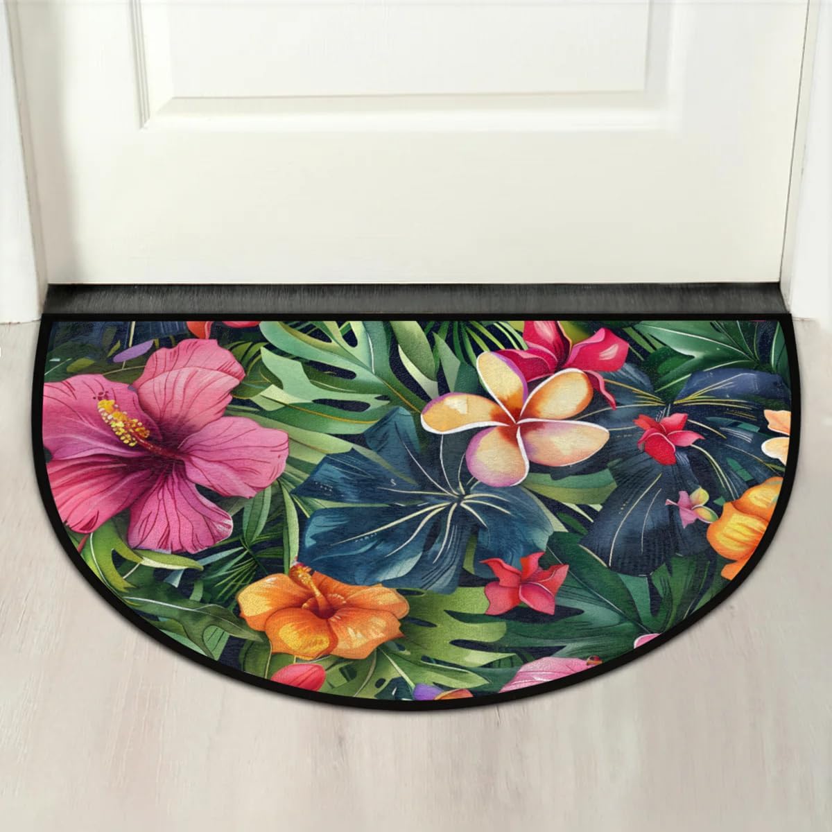 Tropical Palm Leaf Hibiscus Half Round Door Mat Entrance Rug Floor Mats, 24" x 36" Half Circle Doormats Welcome Mats Non Slip Entryway Area Rugs Absorbent Washable for Room Patio Indoor Outdoor