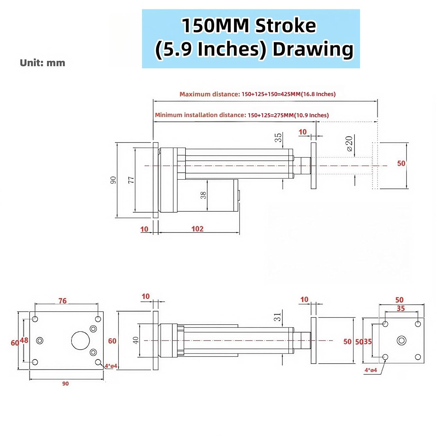 Electric Linear Actuator 150mm Stroke Motorized Lift 12 Volt Heavy Duty Load 330 lb 1500N Multi-Purpose Desktop Stand Reciprocating 10mm/s for DIY Furniture TV Lift Standing Desk