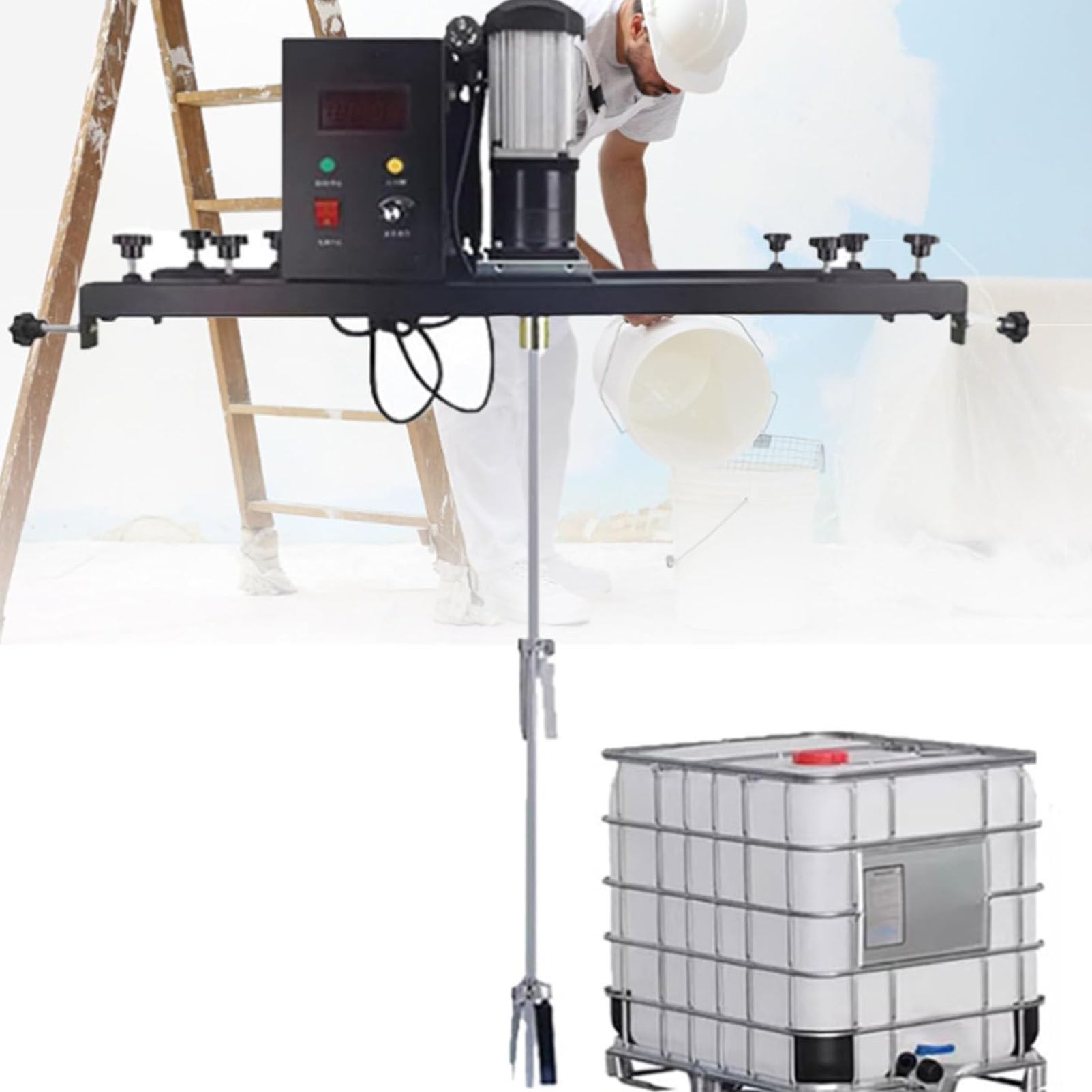 Máquina mezcladora eléctrica de tanque, agitador IBC con varilla y hoja de acero inoxidable, hélice plegable para disolver tinta, potente rendimiento de 980 W