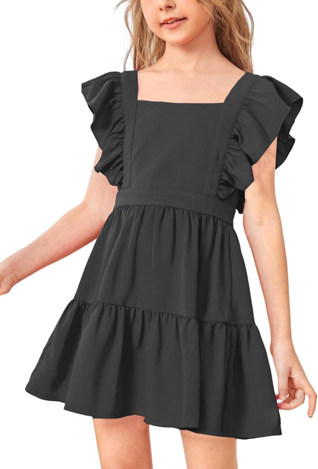Haloumoning Vestido de niña con cuello cuadrado, vestido de verano, manga con volantes, línea A, swing, informal, fiesta, minivestido, 4-14 años