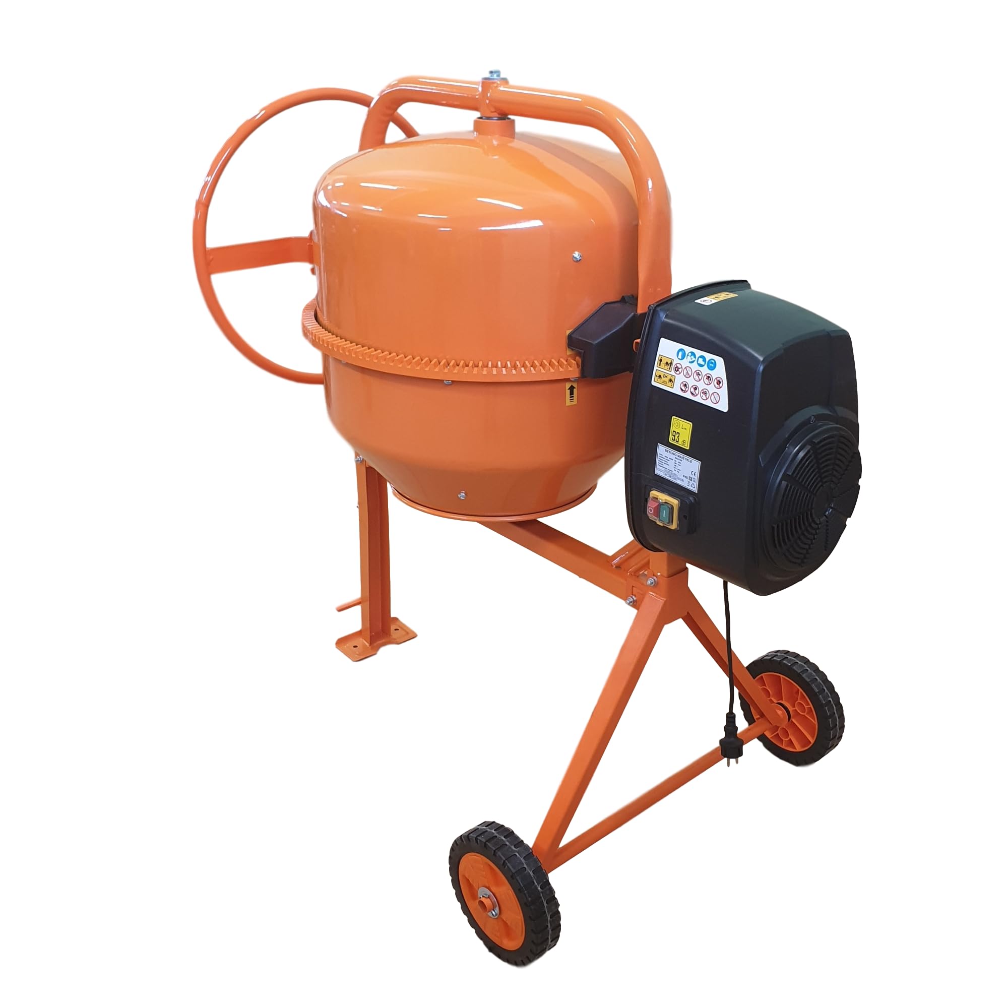 Betonmischer BAU200, 200L Trommel, 1050W Motor, Orange, Stahlrahmen mit Metall-Zahnkranz, Kunststoffräder, Kipp-Handrad