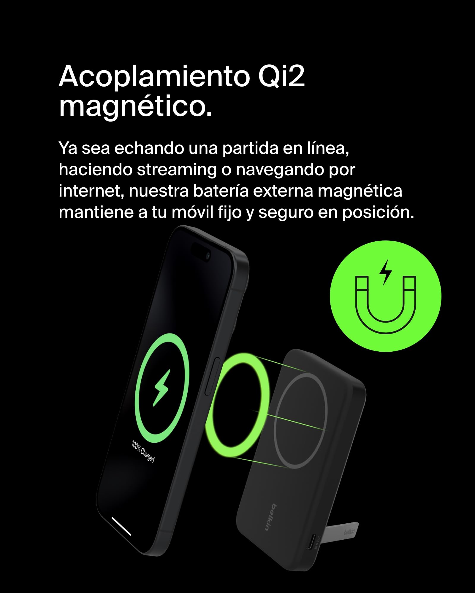 Belkin BoostCharge Pro Batería Externa Inalámbrica de 5000mAh con Qi2, Cargador portátil Compatible con MagSafe + Soporte Caballete, batería portatil para Phone 16, iPhone 15, 14, 13 y Otros, Negro
