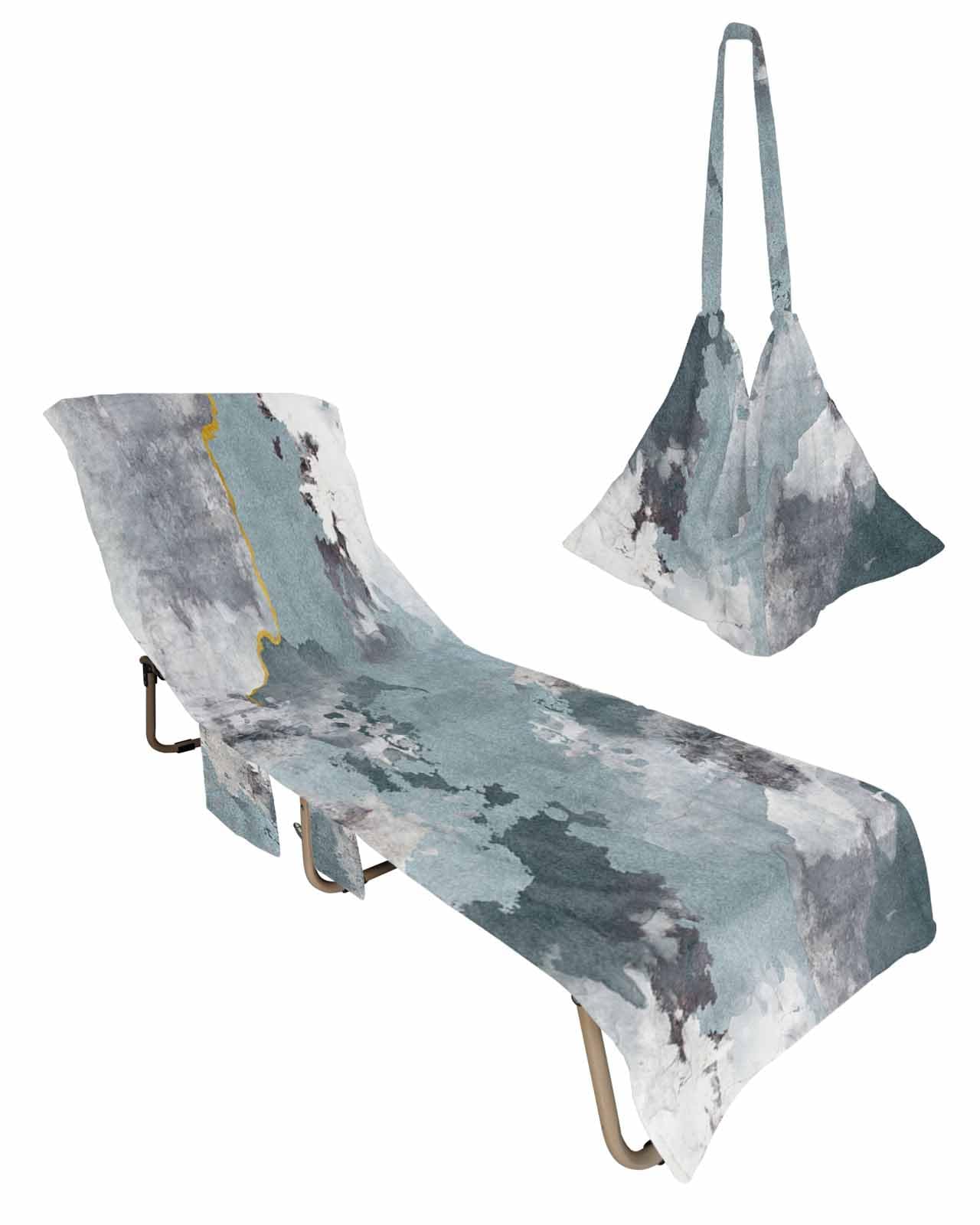Ombre Grey Teal Beach Pool Patio Lounge Chaise Chair Cover Towel With Pockets,Absorbent & Quick Dry Microfiber Towel Cover Bag Summer Travel Accessories for Sunbathing Modern Art Abstract Ink Painting