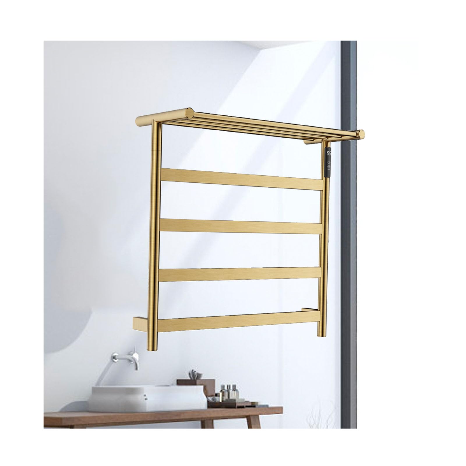Toallero eléctrico dorado con estante superior y cableado fijo
