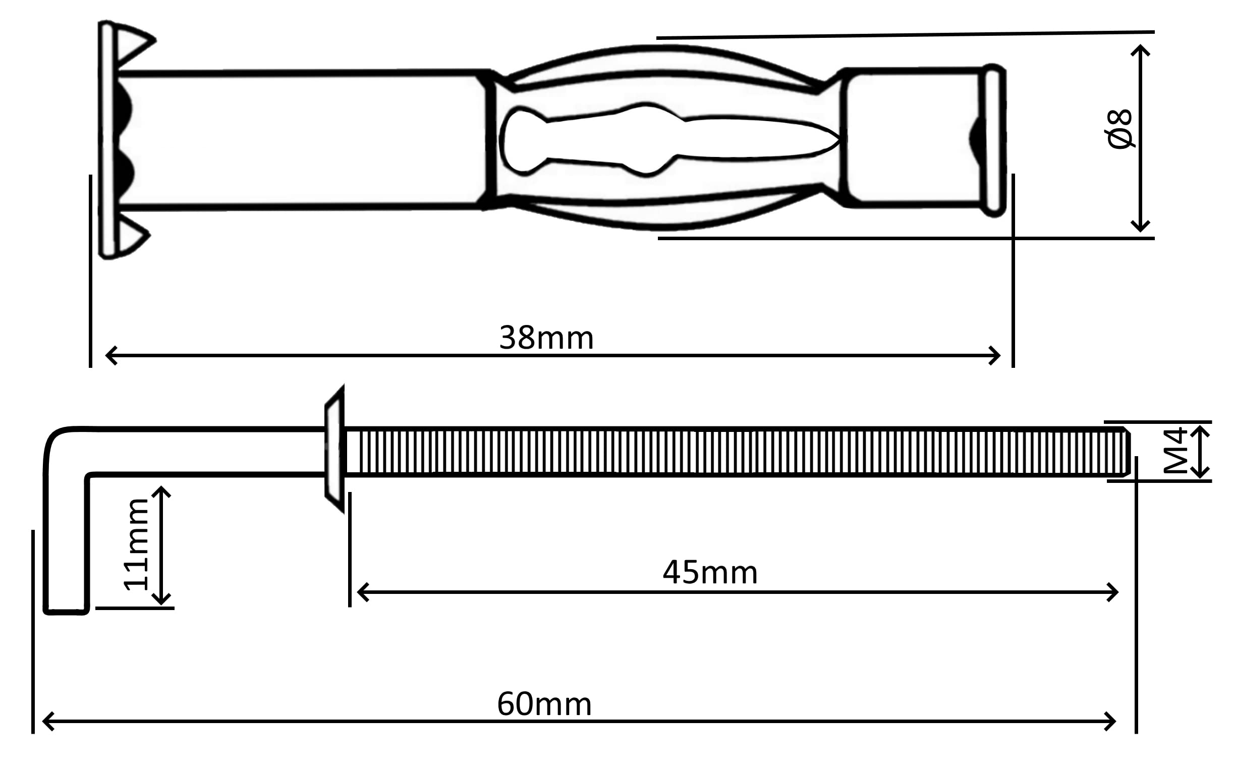 AERZETIX - C57885 - Set di 10 - Tassello a espansione Ø8x38mm con gancio M4 a forma ''L'' - per cartongesso corpo cavo muro a secco - in acciaio - finitura zincata Cr3+