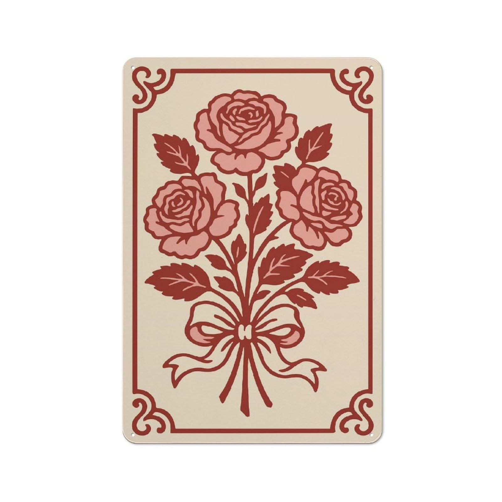 Vintage Metal Plaque 30x20cm Featuring Bouquet of Roses with Ribbon, Diner Style Decor for Restaurant, Kitchen, Counter Or Breakfast Nook