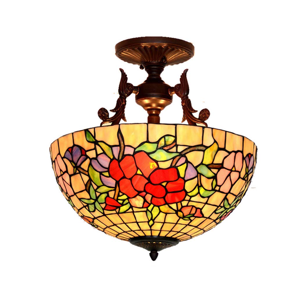 HJRegaFimu 16 Inch Pastoral Ceiling Fixture Lamp Morning Glory Stained Glass Shade E27 3 Lights Vintage For Kitchen (a)