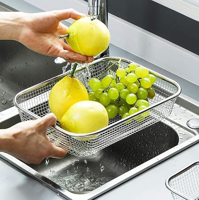 Image of SPIREX Stainless Steel Drain Basket Steel Big Drip Tray Kitchen Drying Stand Mesh Sink Rectangle Basket Mesh Fruits, Vegetable, Drainer Washer (Pack of 1, 30 X 20 X 6 Centimeters, Silver)