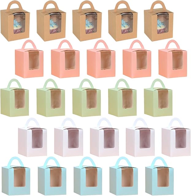 25 Pcs Cupcake Gift Boxes, Individual Cupcake Containers, Bakery Boxes, Take-Out Pastry Packaging Carton with Clear Display Window and Handle, Cake Holder Carrier Gift Box for Desserts