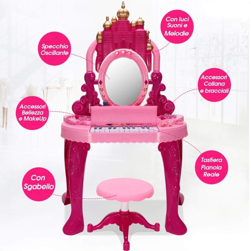 Trade Shop - Specchiera Make Up per Bambina con Luci Suoni Tastiera Pianola E Sgabello 2in1