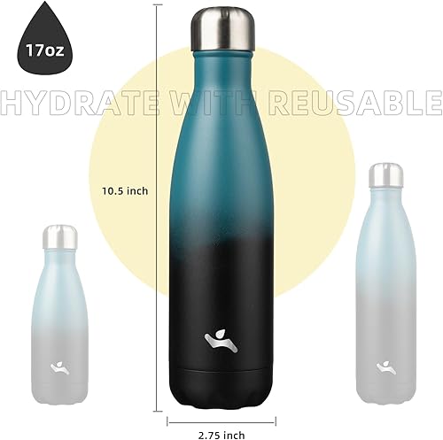 Miniatura 3 de Botella de agua 17 oz, termo de metal Vacumm con aislamiento de doble pared de acero inoxidable para viajes deportivos, color negro índigo