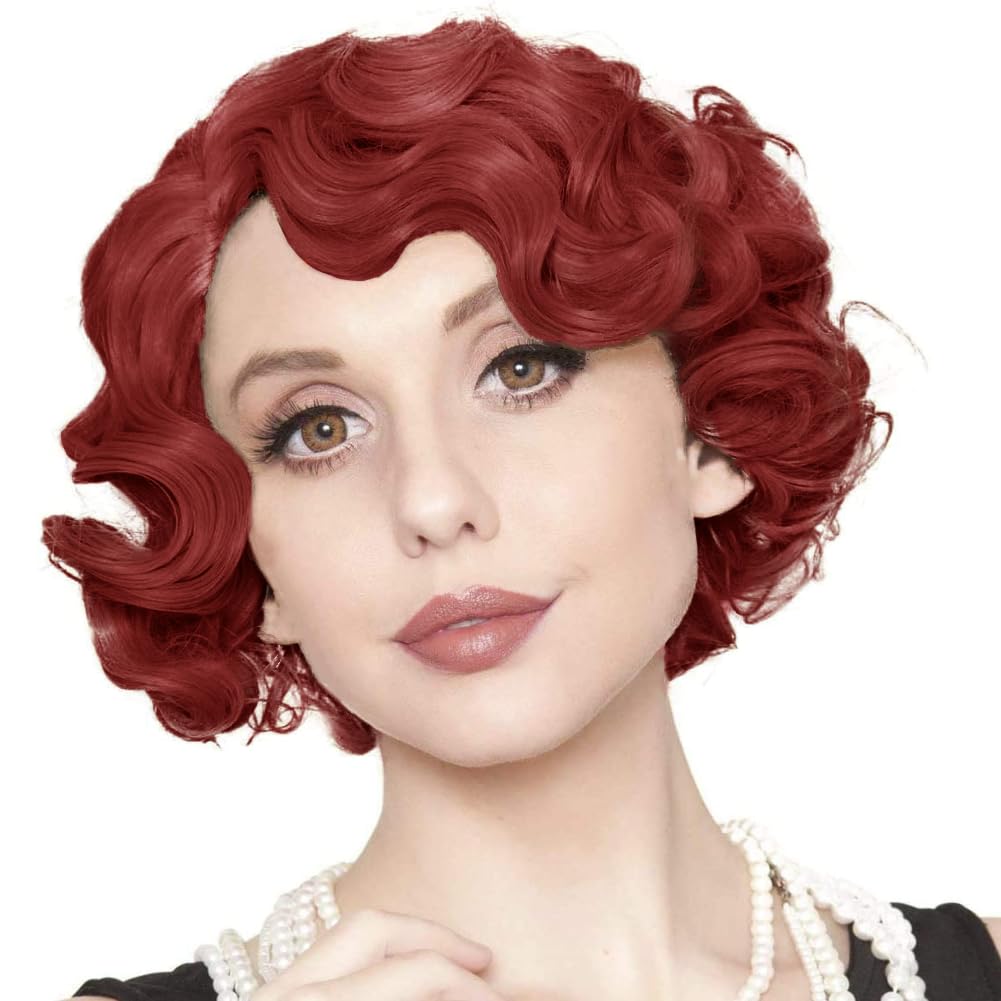 Kaneles Short Red Curly Finger Wave Wigs for Women 1920s Vintage Natural Flapper Hair Wig Synthetic Cosplay Halloween Costume Wig