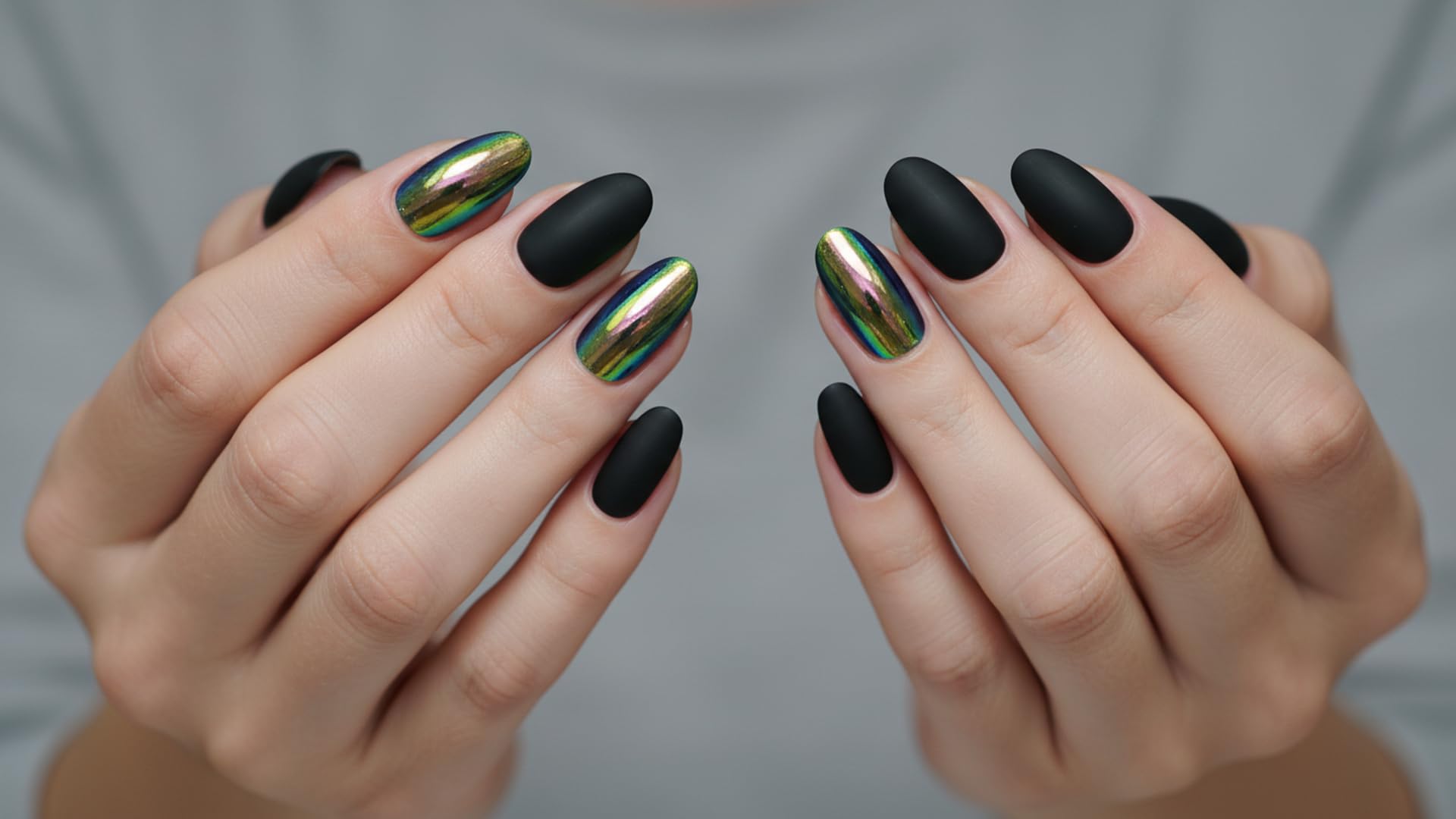 KRIPAs Nail Fairy Premium Press-on Nails, matte black and mesmerising iridescent green chrome finish, Coffin Shape, Glossy and Matte Finish, 24 Count-image-26