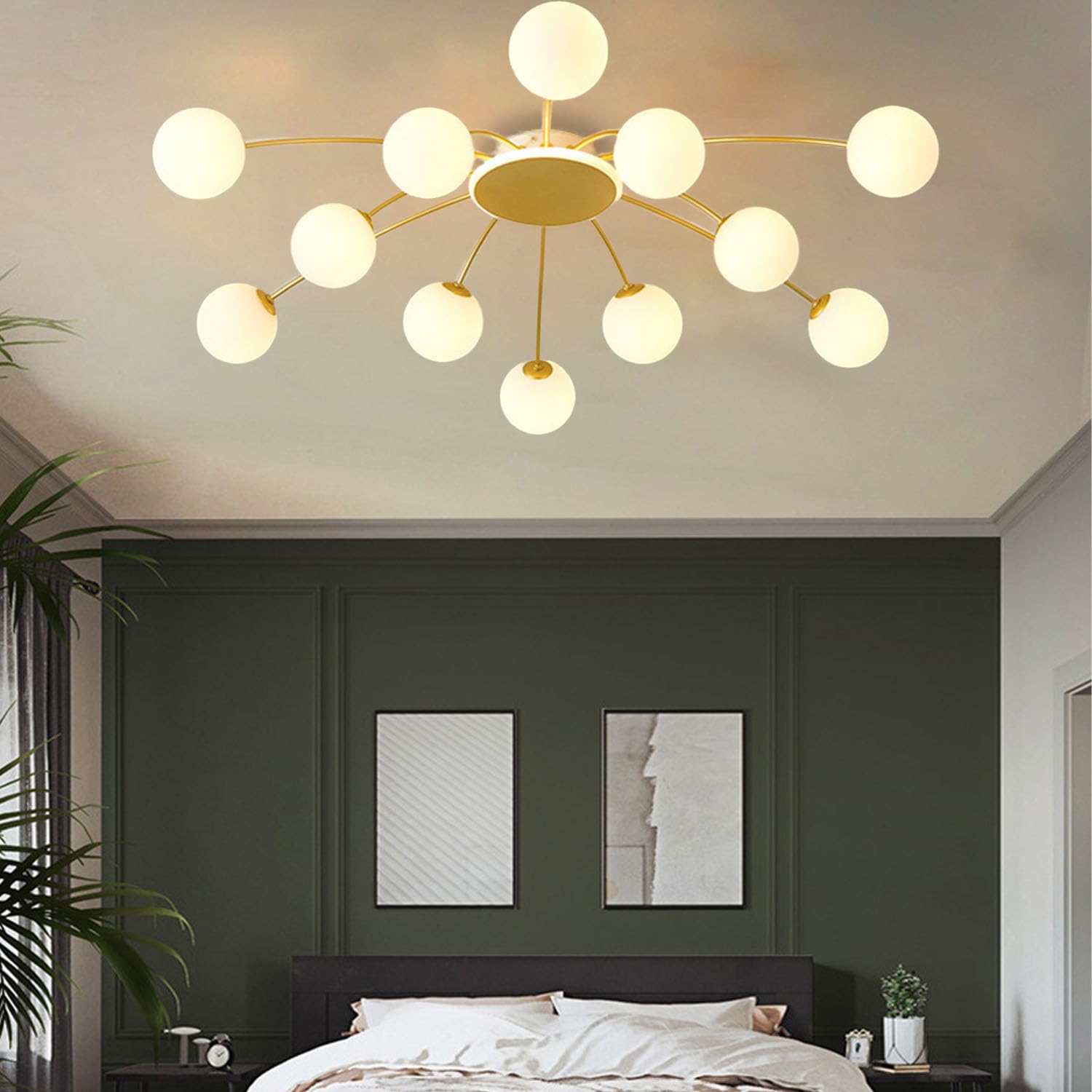 zhxinashu Lampadario oro per Soggiorno,Lampadario Sputnik a 12 Luci | Lampadario Sputnik Mid-Century, Lampadine G9 Non Incluse, Globo in Vetro, Plafoniera Industriale per Camera da Letto