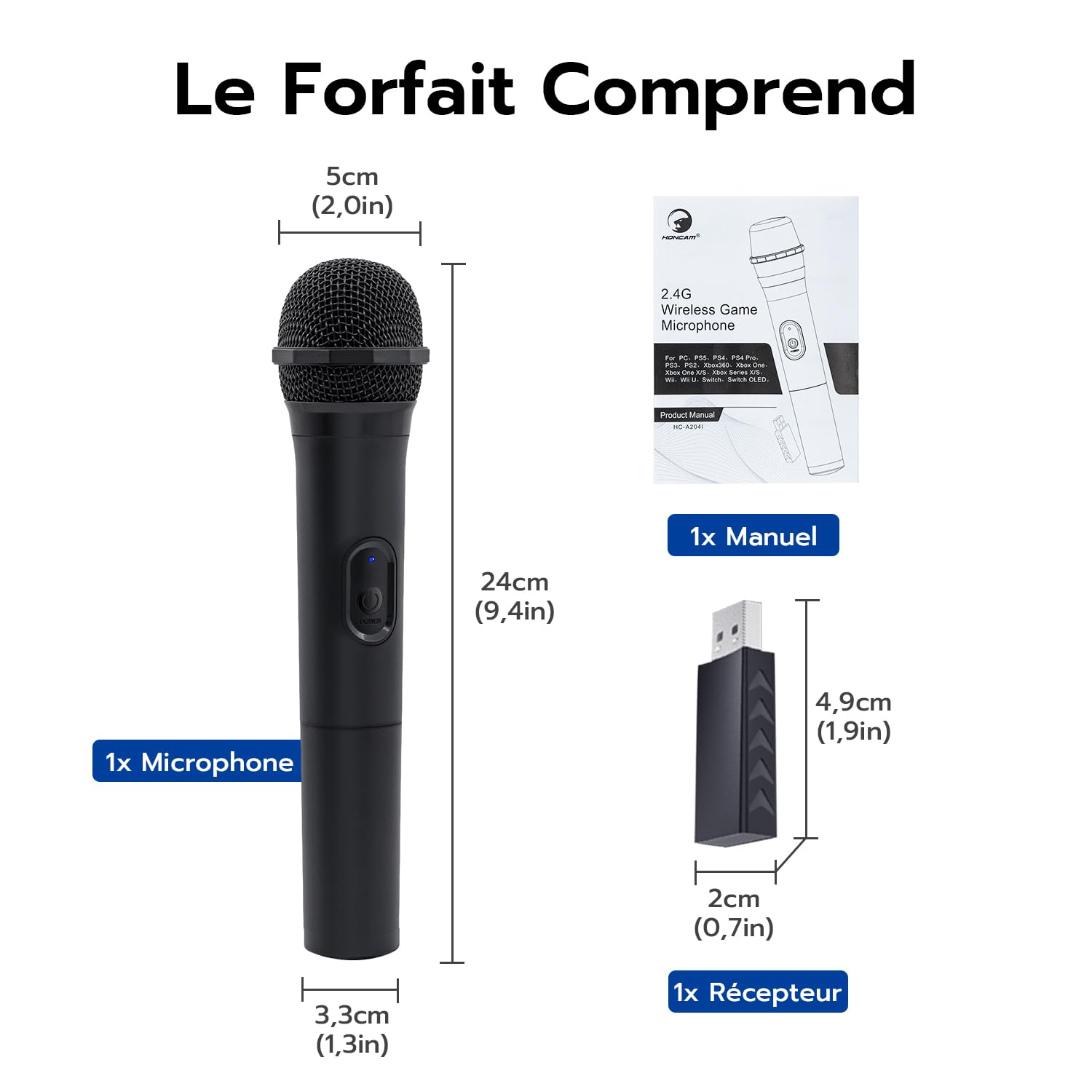 Mcbazel Faible Latence 2,4 G Microphone à Main sans Fil pour PS5 / PS4 / Pro / PS3 / PS2 / Xbox Series X | S/Xbox One X | Commutateur S/Xbox One/360 /NS Switch 2/OLED/Wii/Wii U/PC